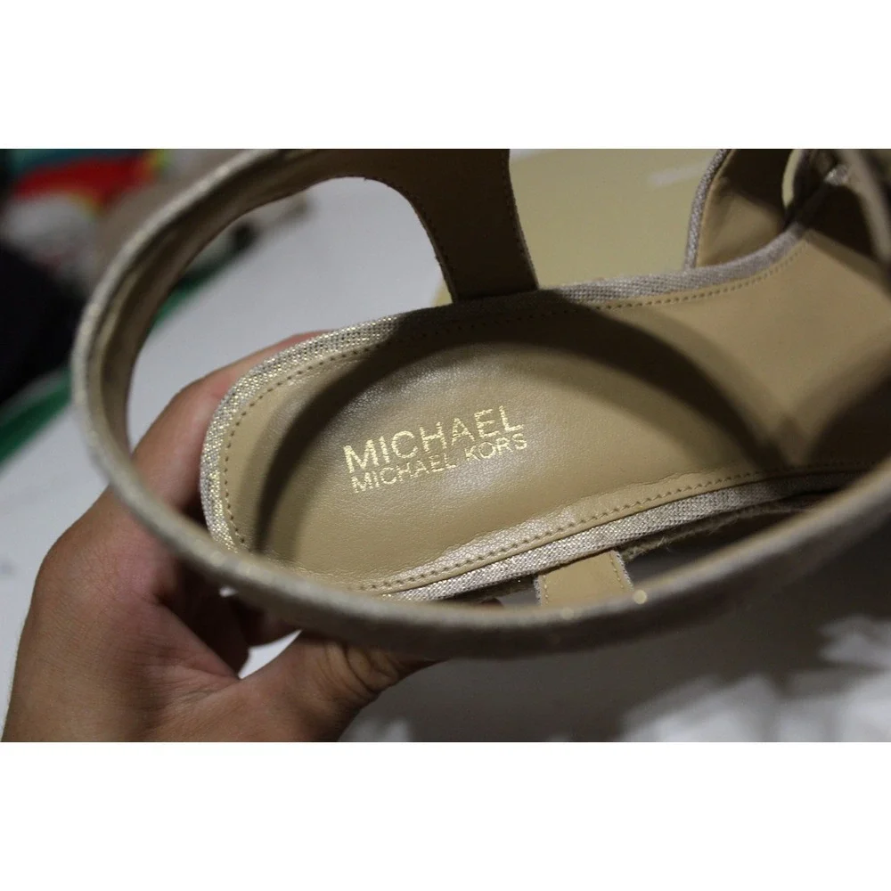 Michael Kors Berkley Womens 10 M Espadrille Pale Gold Front Zip Wedge Sandal